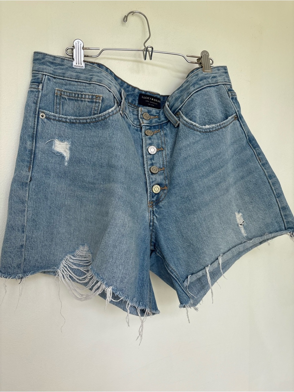 Lucky Brand Distressed Light Blue Button-Fly Denim Shorts
